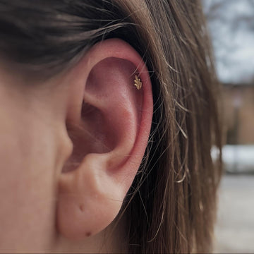 dainty gold leaf inspired helix ear piercing jewelry on a person who went to IRIS Studios in Salt Lake City Utah
