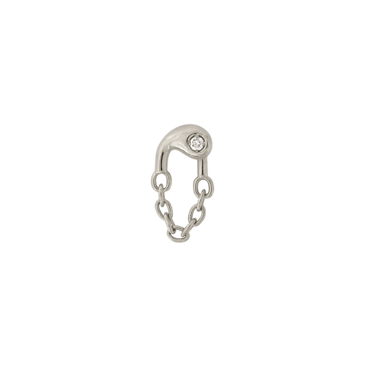 white gold swish diamond chains dangle abstract  pin end style fashion art body jewelry earring earlobe helix cartilage nose nostril conch helix tragus lip gemstones Pupil Hall IRIS PIERCING STUDIOS.