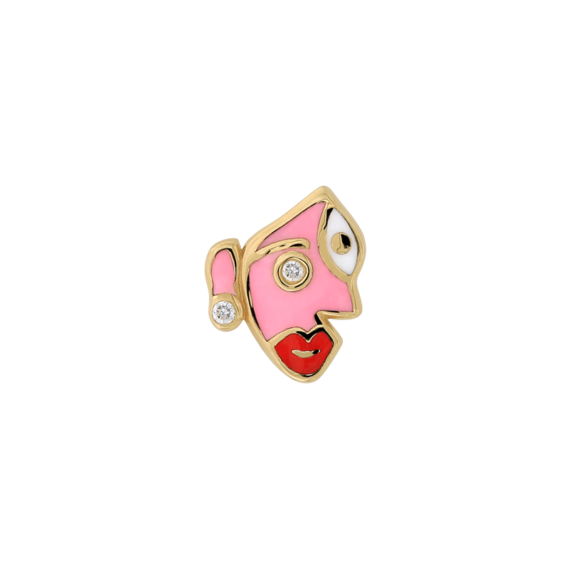 shes artsy pink and red abstract face pin end style fashion art body jewelry earring earlobe helix cartilage nostril conch helix tragus lip gemstones Pupil Hall IRIS PIERCING STUDIOS